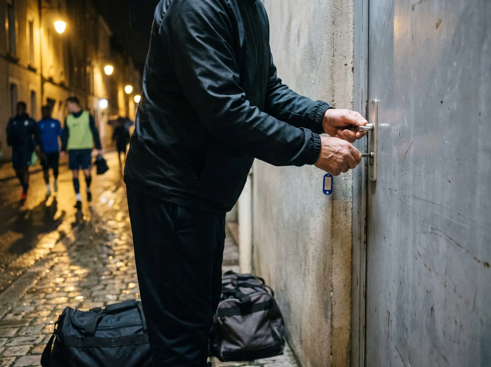 Le soir après l’entraînement, un entraîneur ferme à clé la porte du gymnase, les sacs de sport à ses pieds