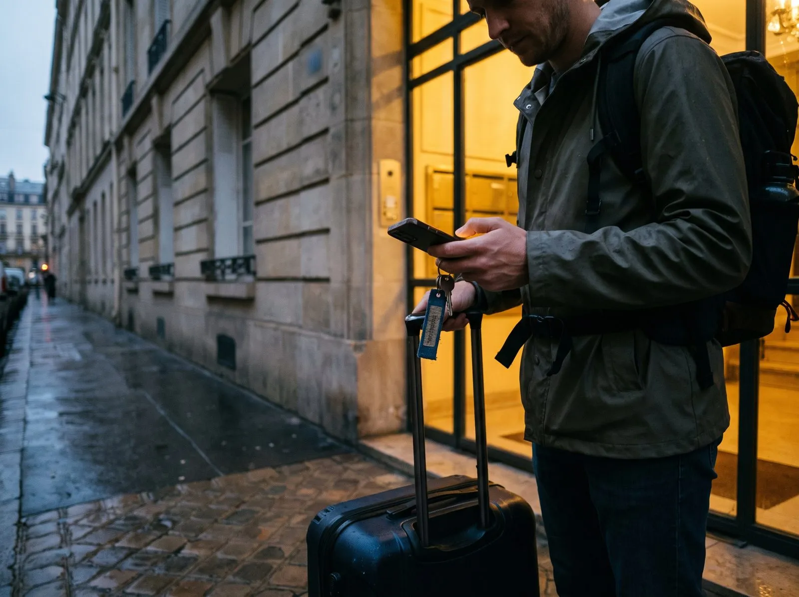 Tard le soir, un voyageur et sa valise devant l’entrée d’un immeuble, son téléphone dans une main et les clés dans l’autre