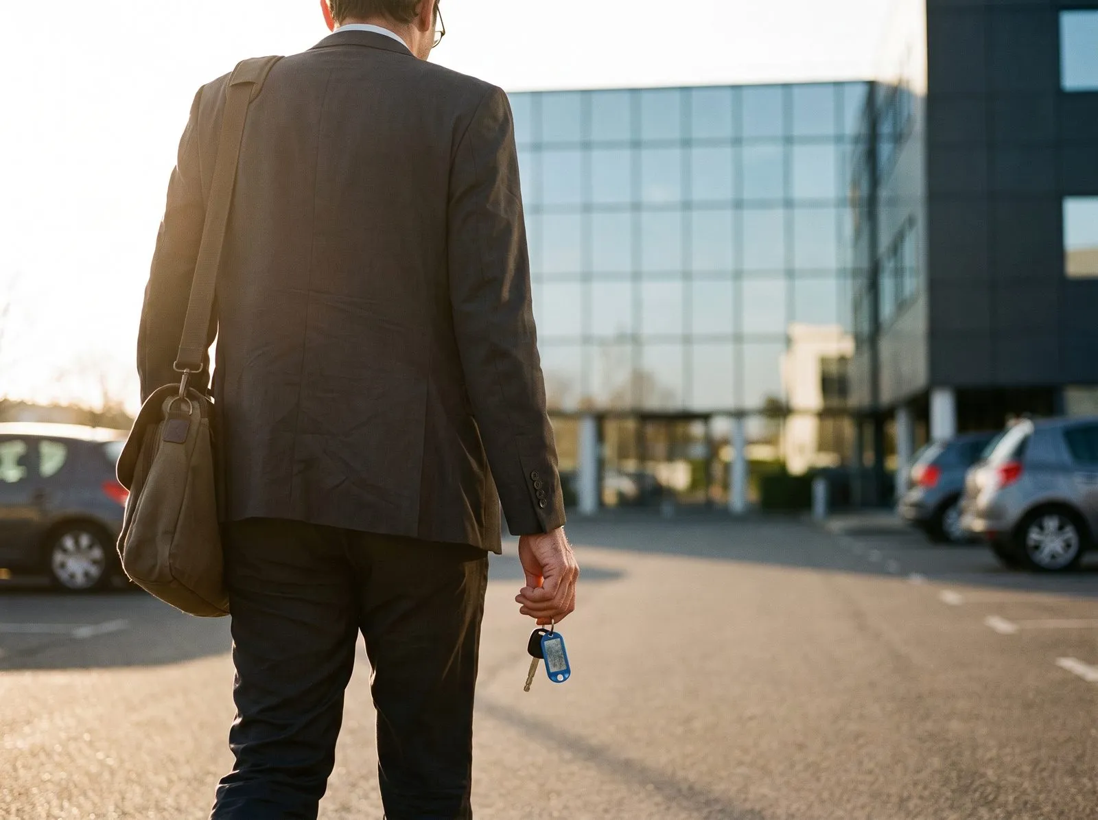 En fin de journée, un salarié revient du parking vers son immeuble de bureaux, la clé de la voiture de service à la main