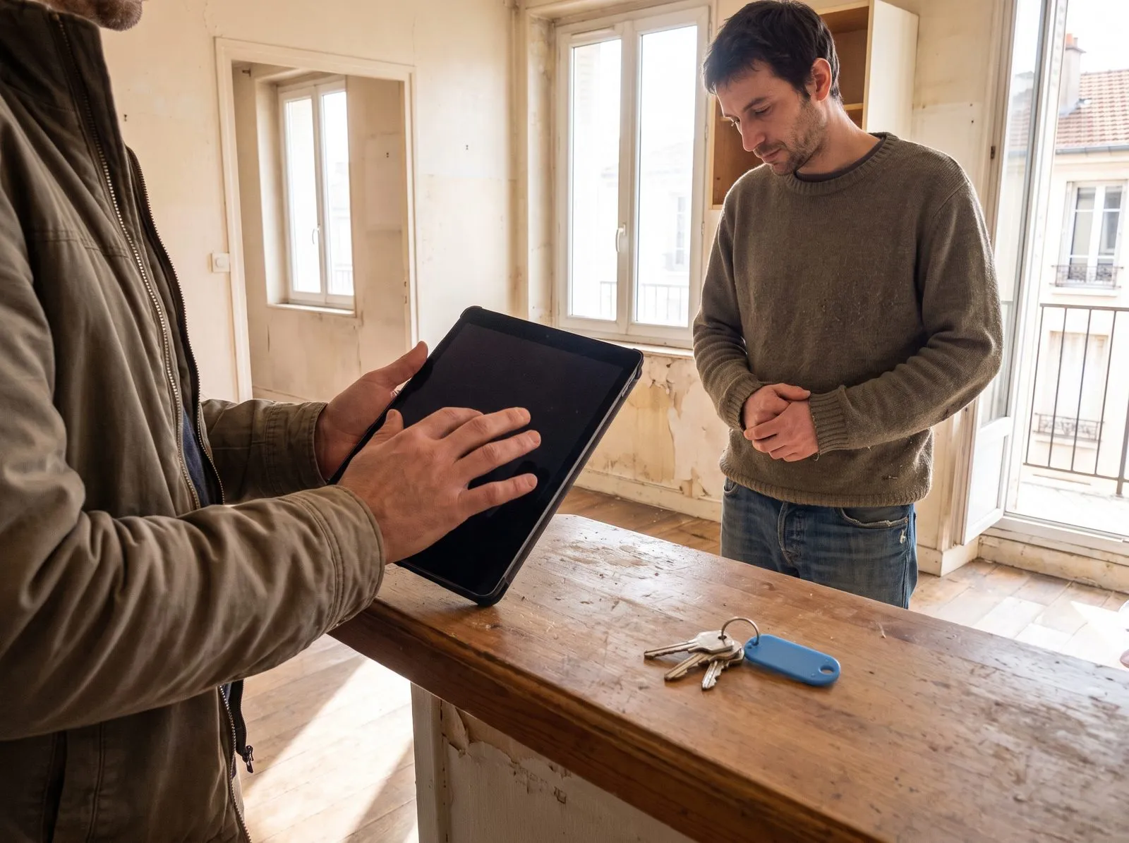 Fin d’un état des lieux de sortie : l’agent note sur sa tablette, les clés rendues sur le plan de travail