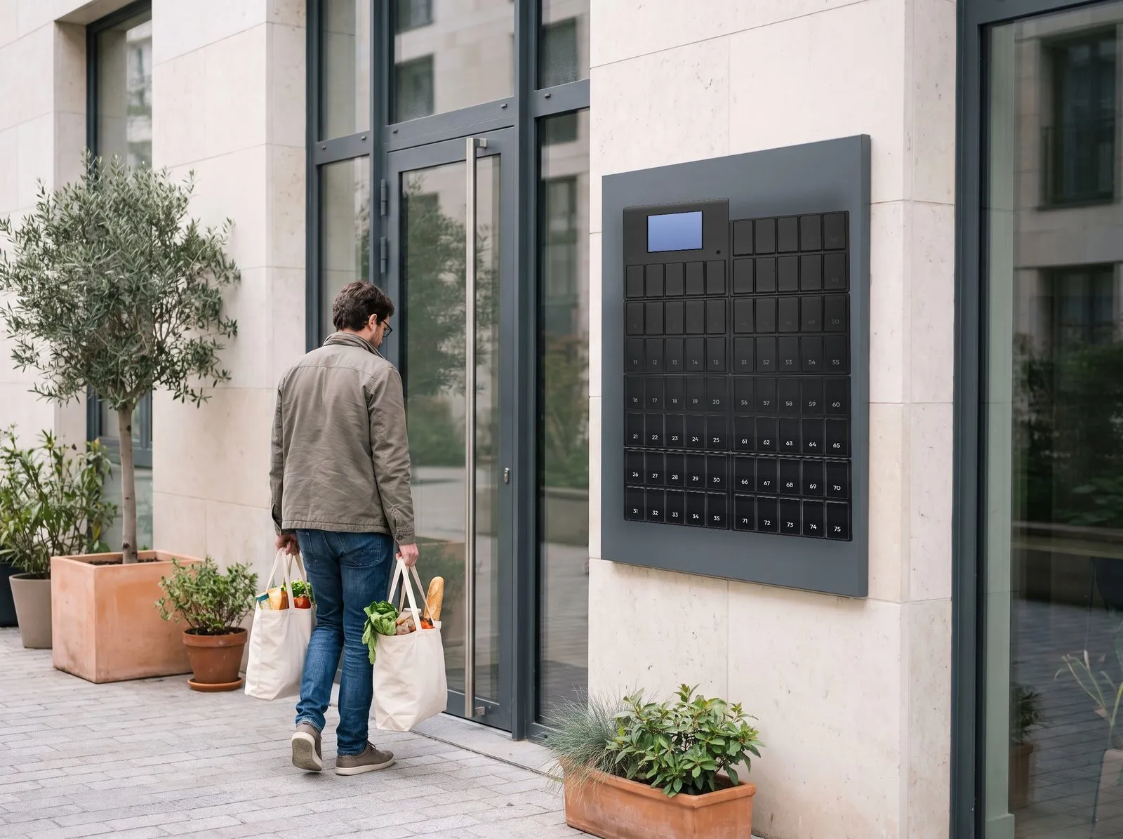 Mur de 75 casiers connectés kazeo installé à l’entrée d’une résidence, à côté de la porte vitrée