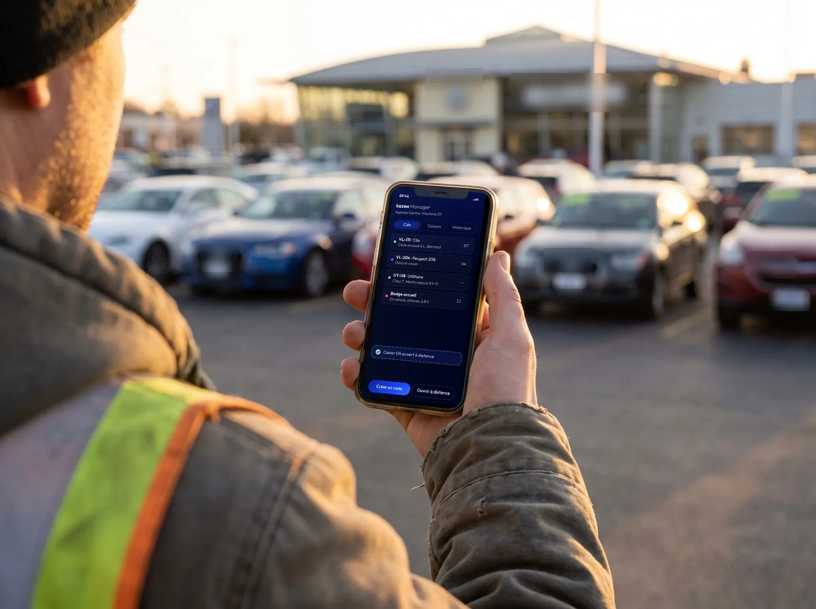 Sur le parking d’une concession, un employé en gilet de sécurité consulte kazeo Manager sur son téléphone