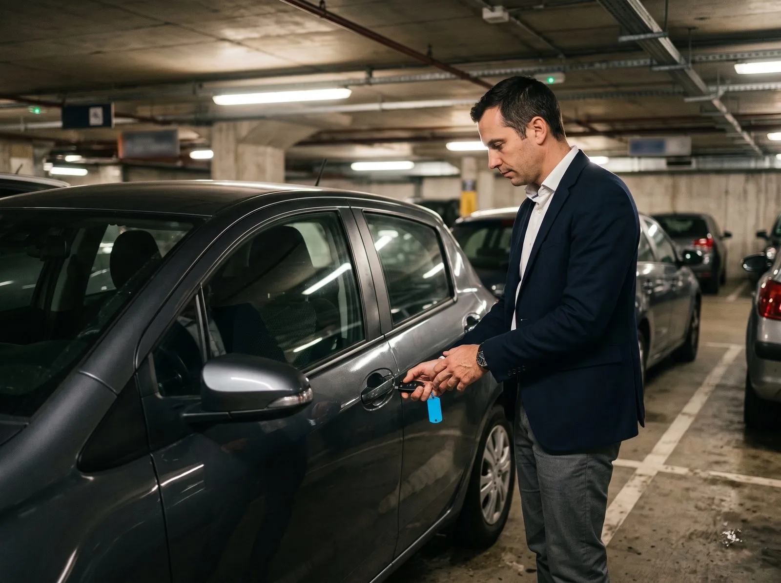 Dans le parking souterrain d’un immeuble de bureaux, un salarié ouvre une voiture de service