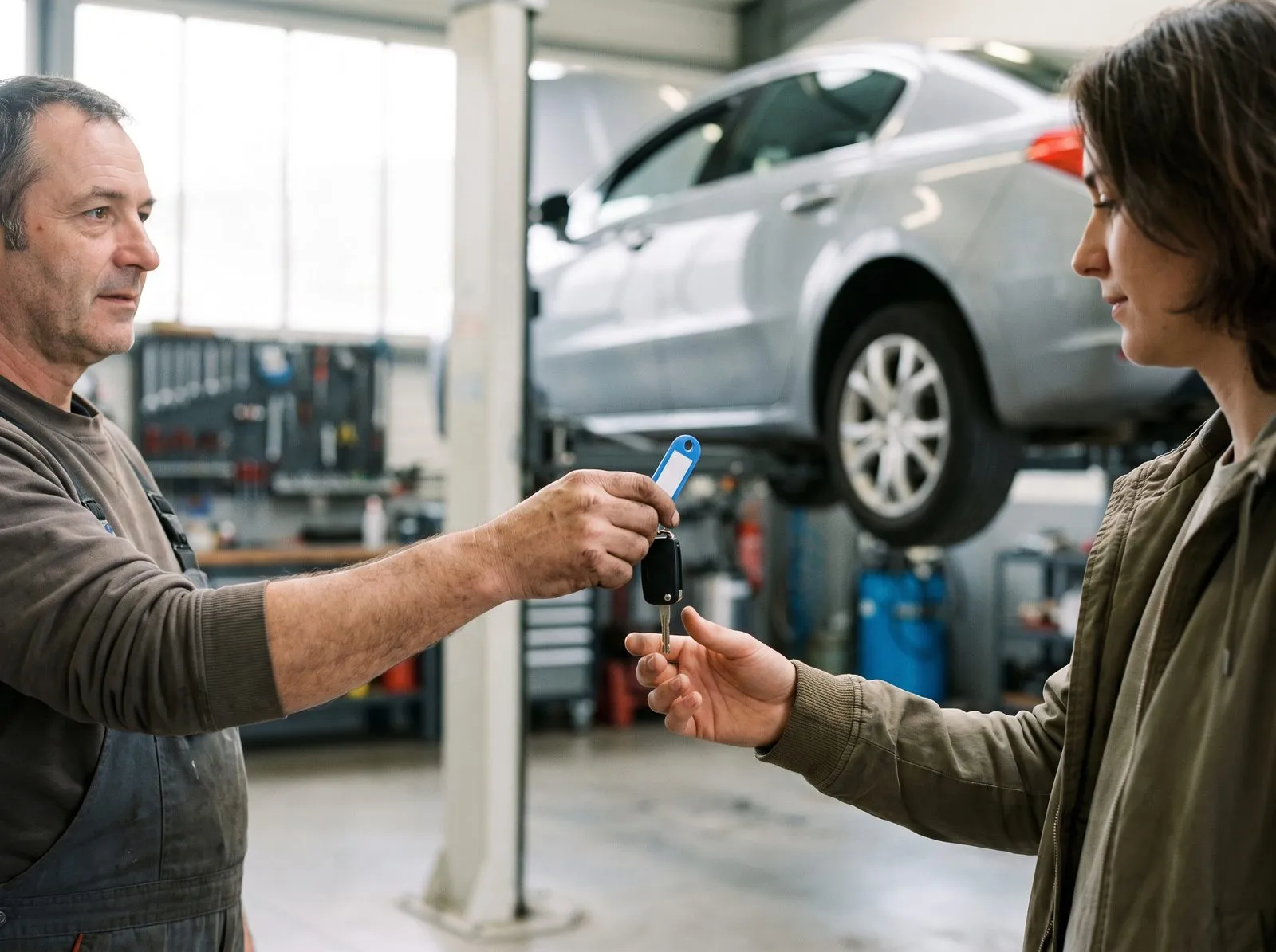 Dans un atelier d’entretien, un mécanicien rend sa clé de voiture à une cliente