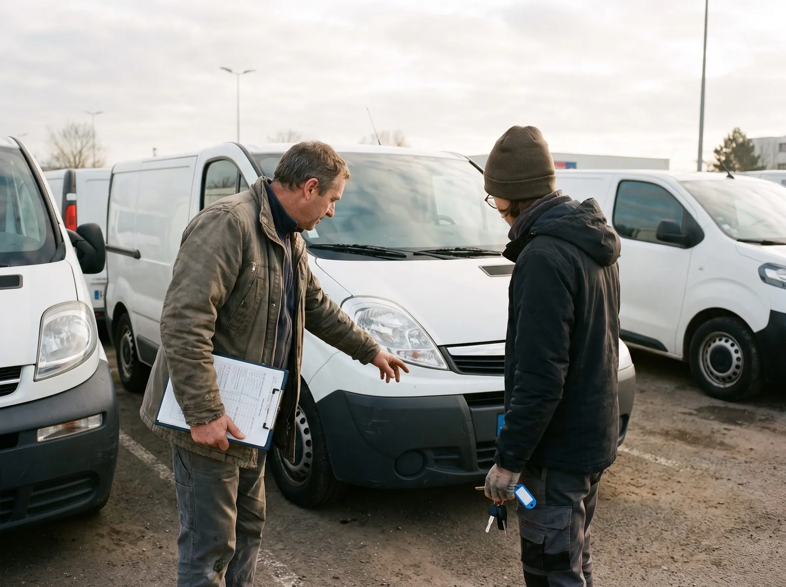 Sur le parking d’une agence de location, un agent fait le tour d’un utilitaire avec le client avant le départ