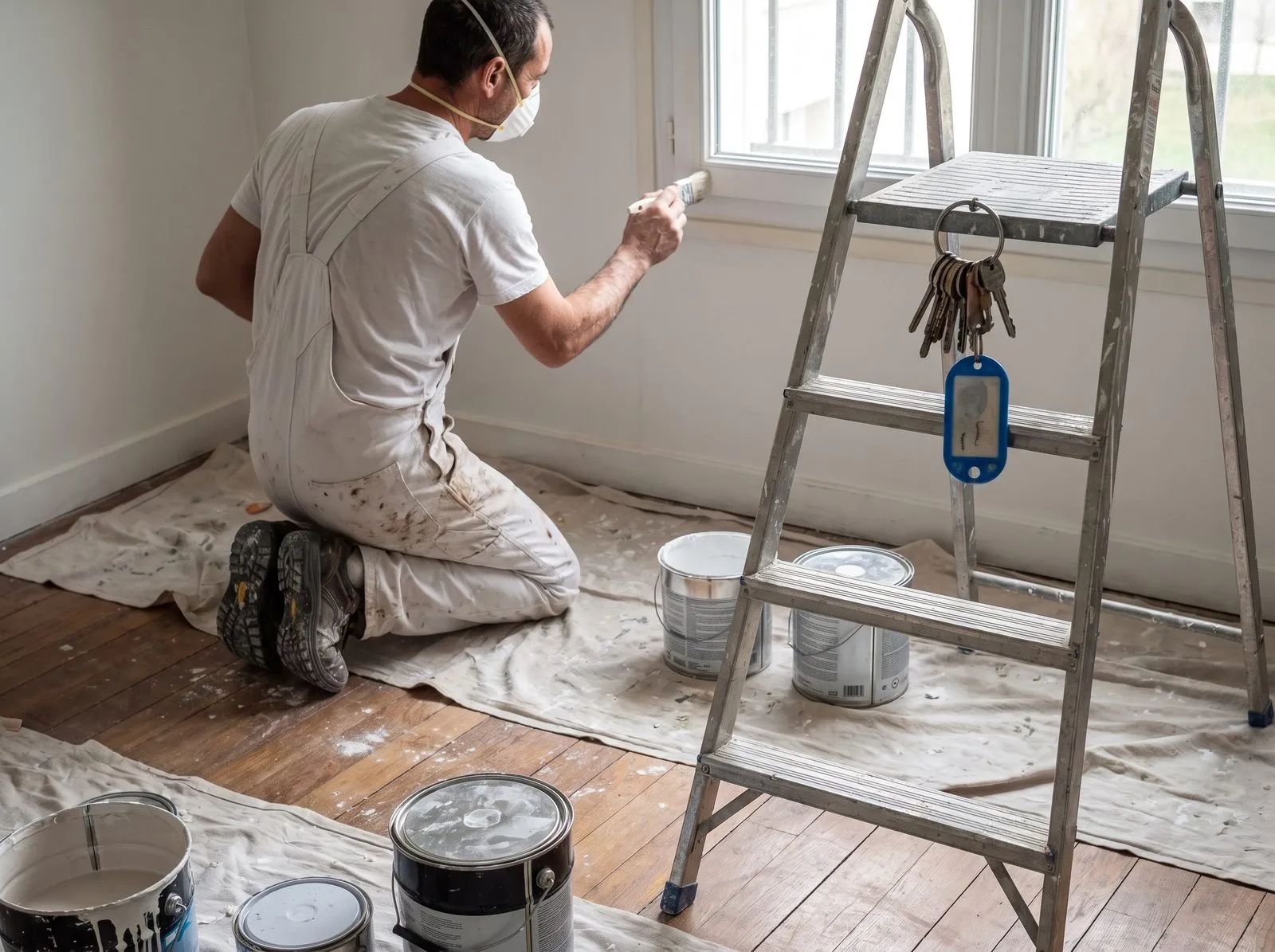 Un peintre termine la rénovation d’un logement, le trousseau de clés accroché à l’escabeau