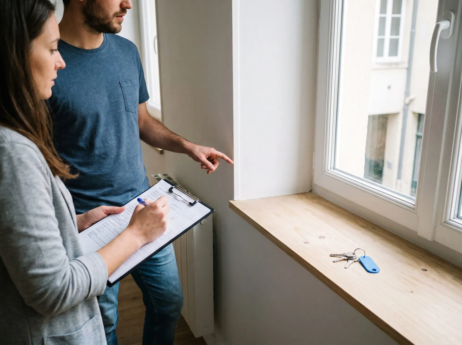 État des lieux d’entrée dans un logement repeint à neuf, les clés posées sur le rebord de la fenêtre