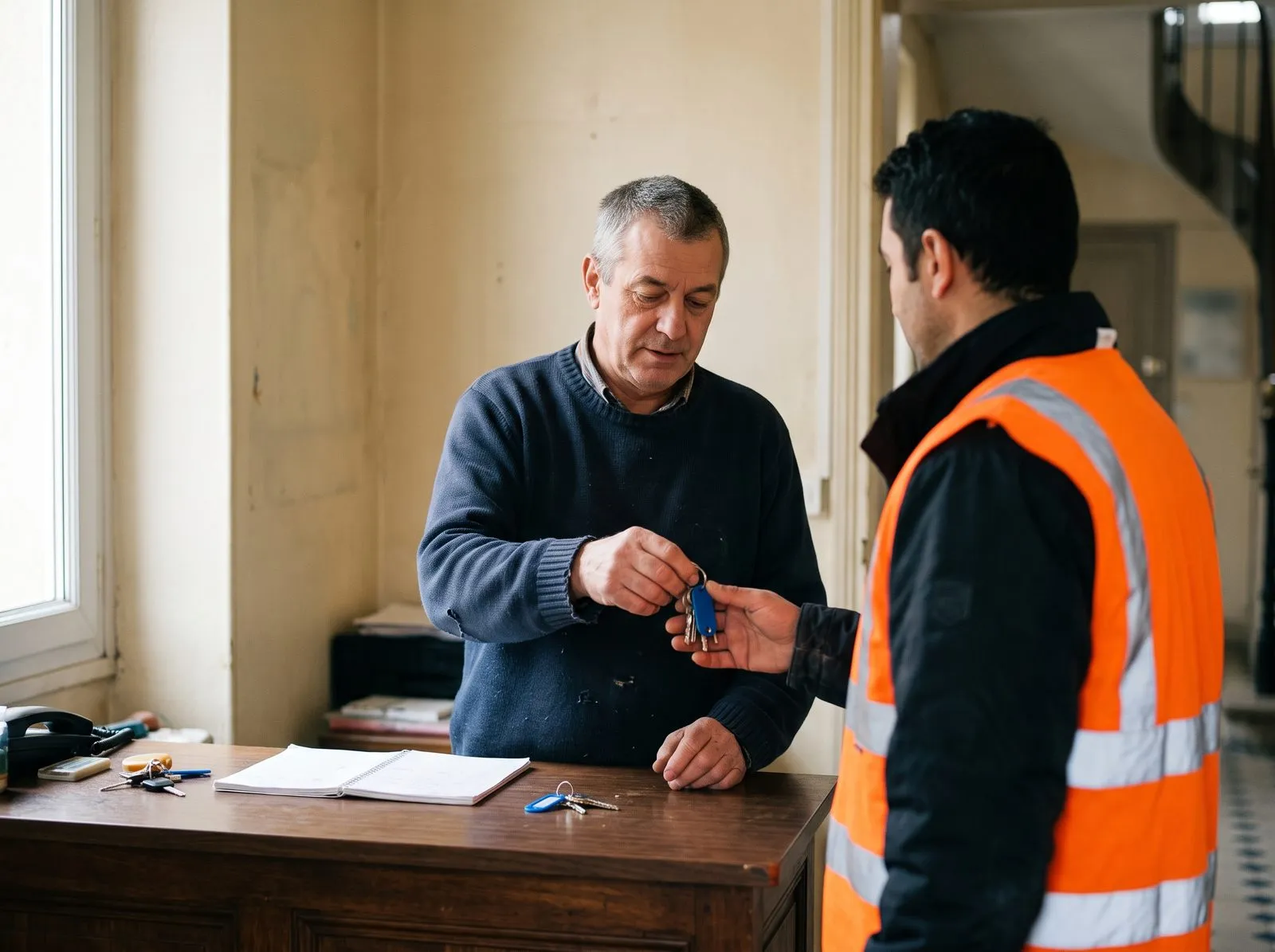 Dans sa loge, un gardien d’immeuble remet un trousseau de clés à un prestataire en gilet orange