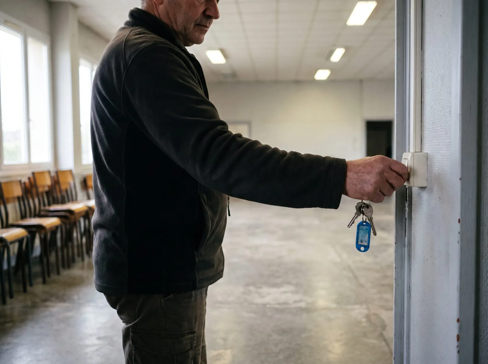 Un bénévole allume les lumières d’une salle municipale, les clés à la main