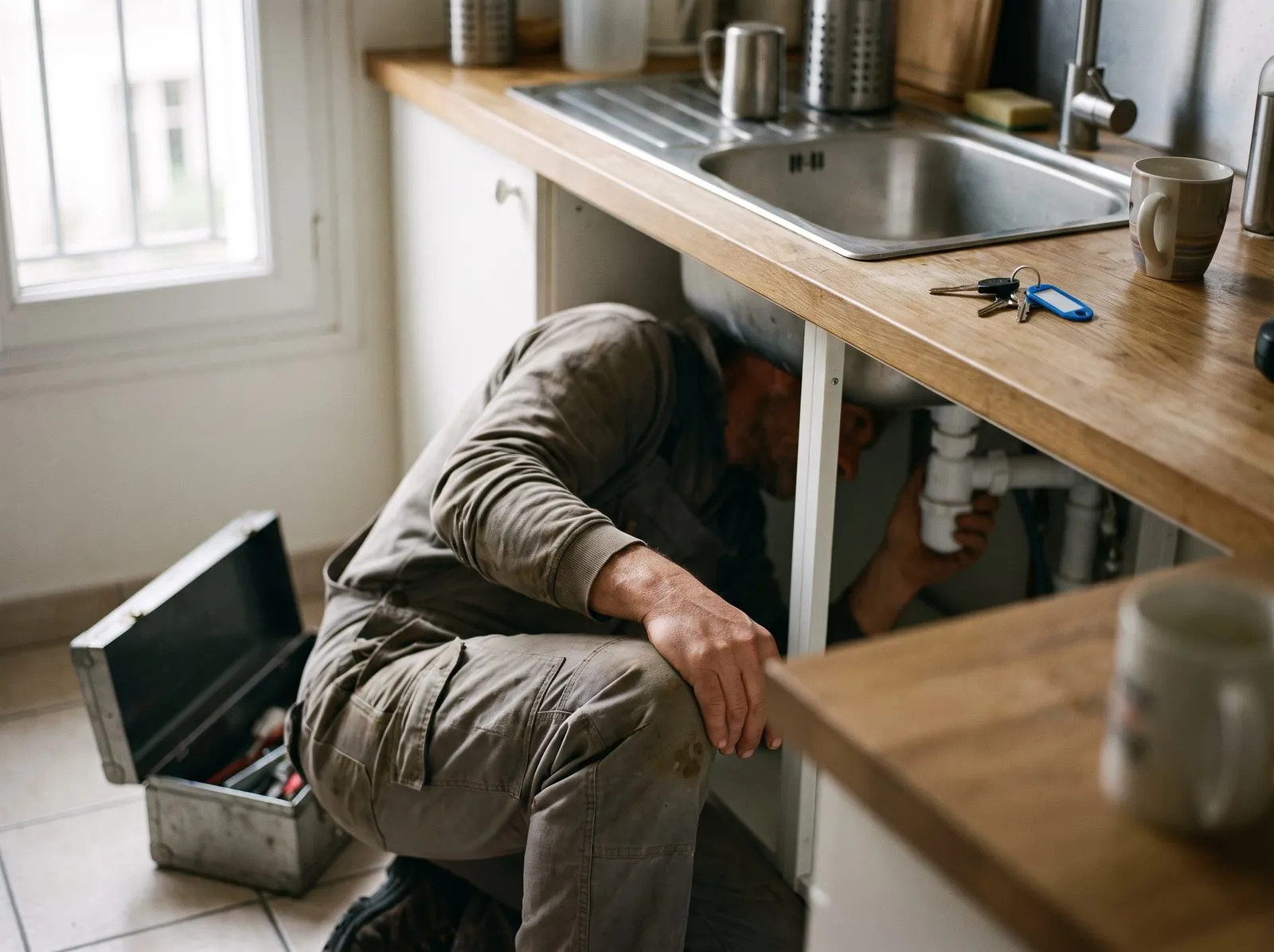 Un plombier intervient sous l’évier d’un logement loué à la nuitée, les clés posées sur le plan de travail