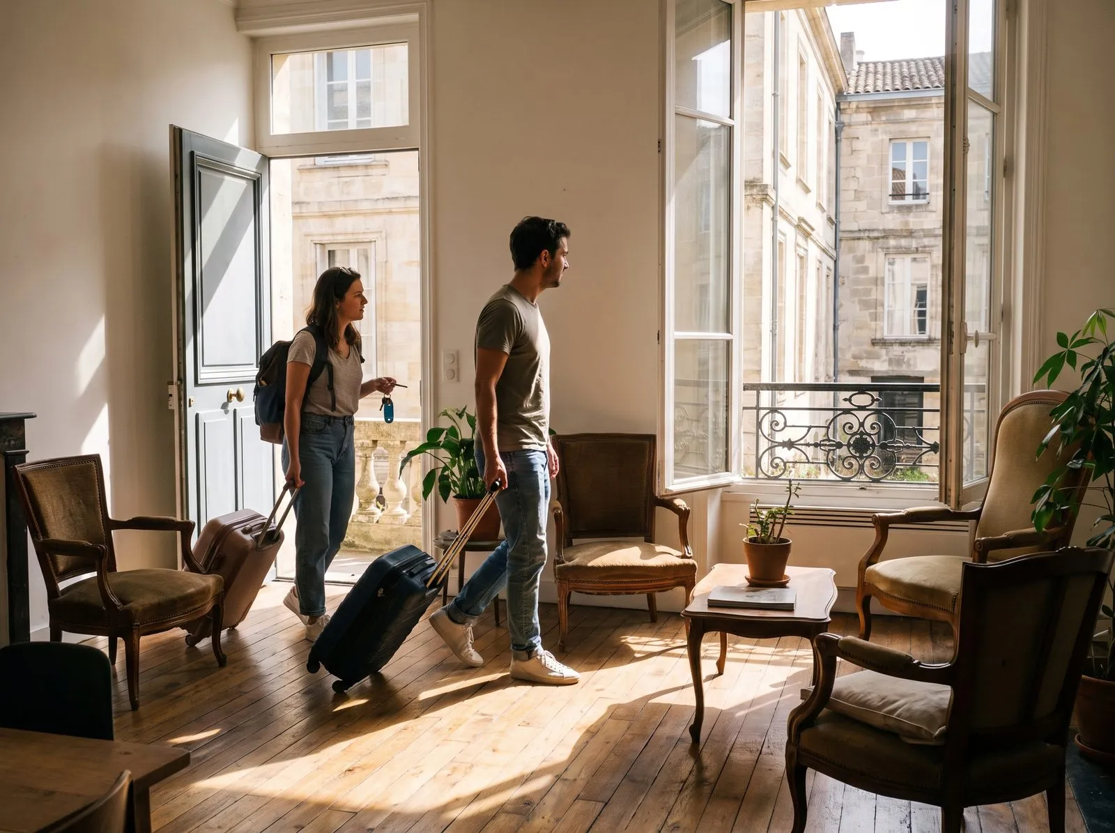Deux voyageurs entrent avec leurs valises dans un appartement de location, les clés à la main