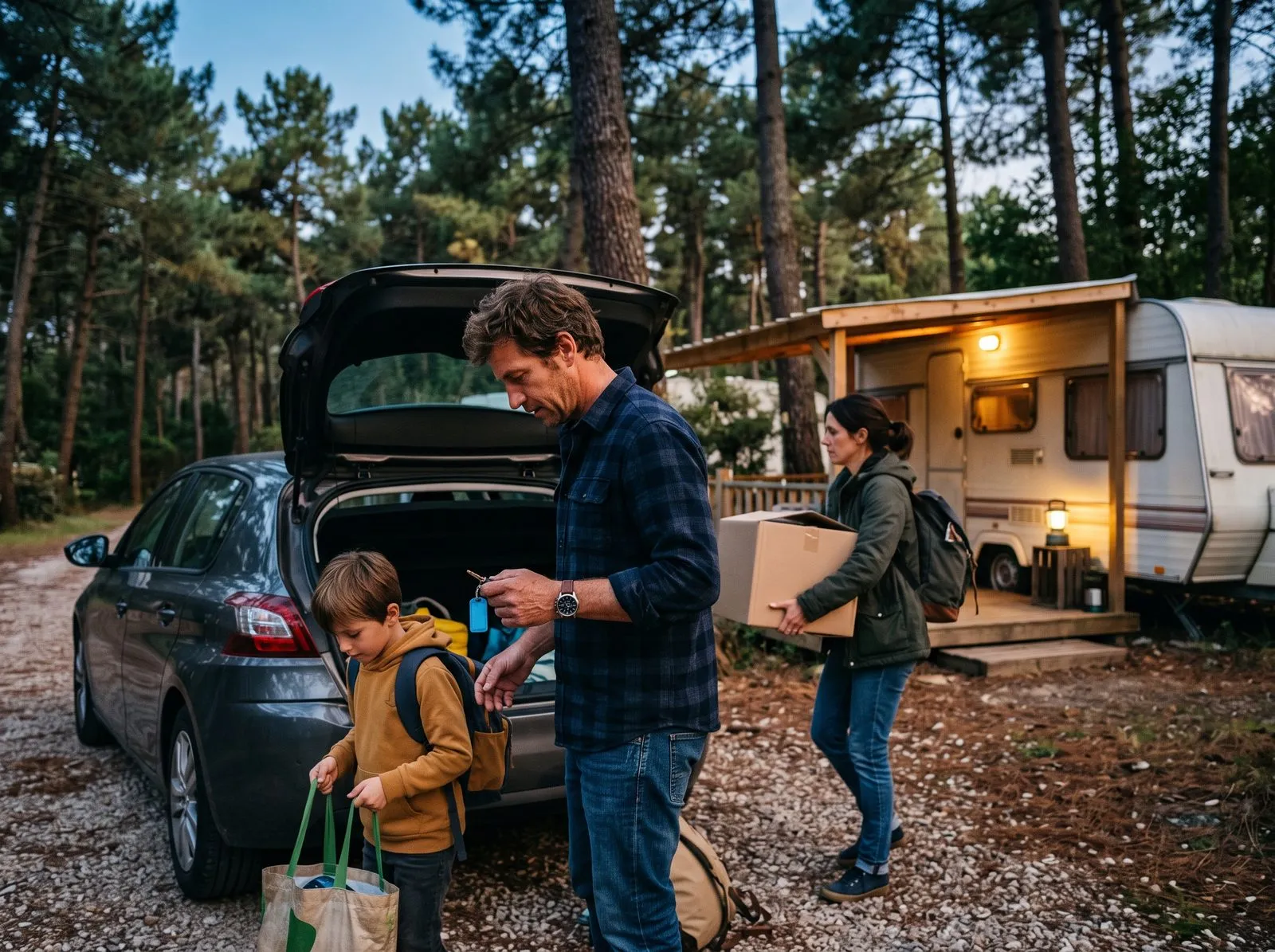 À la tombée du jour, une famille décharge sa voiture devant un mobil-home, le père tient les clés