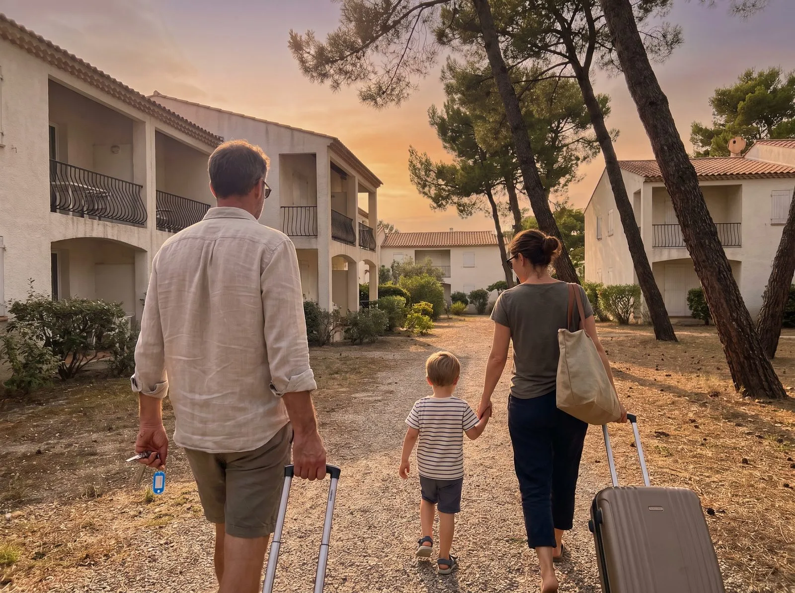En fin de journée, une famille rejoint son logement dans une résidence de vacances, les clés à la main