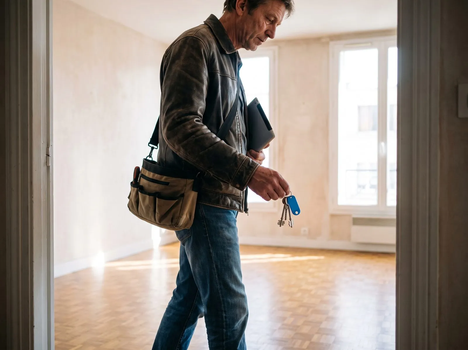 Un diagnostiqueur entre dans un appartement vide avec sa tablette et sa sacoche, les clés à la main
