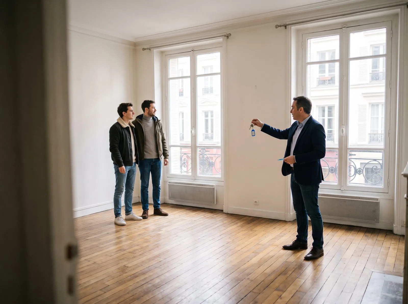 Visite d’un appartement vide : l’agent immobilier montre le séjour à un couple, les clés à la main