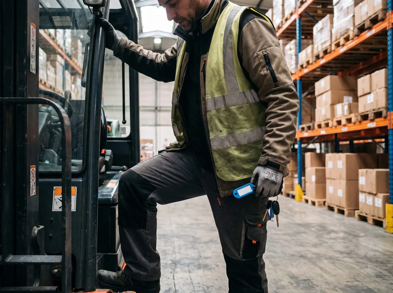 Dans un entrepôt logistique, un cariste monte sur son chariot élévateur, la clé à la main